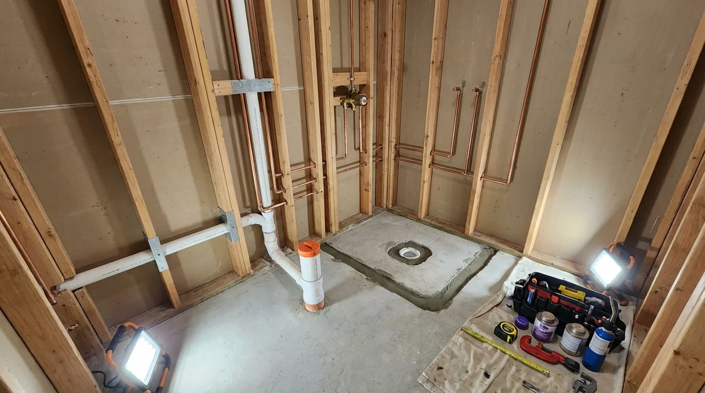 Bathroom rough-in plumbing during remodel by Johns Plumbing LLC in Lapeer
