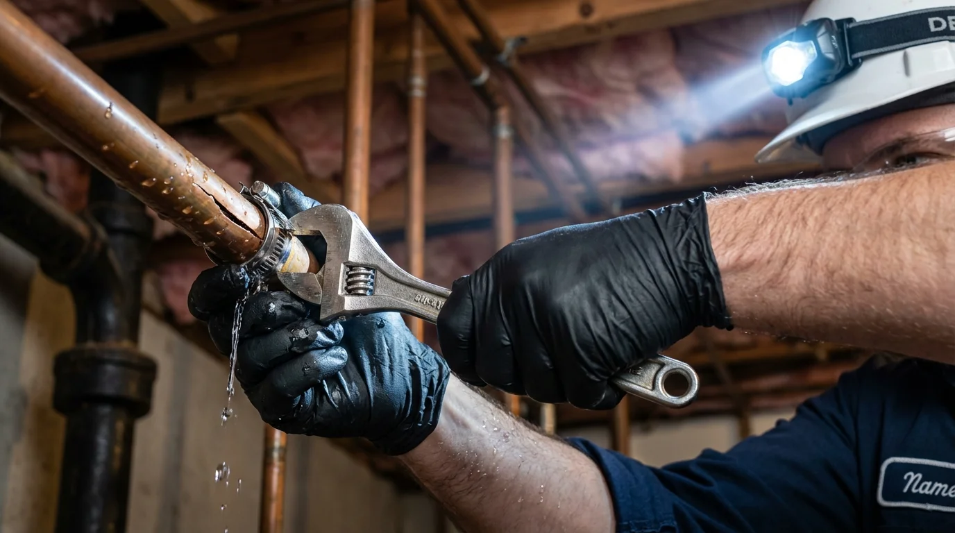 Emergency pipe clamp repair being performed by a Johns Plumbing LLC plumber in Lapeer