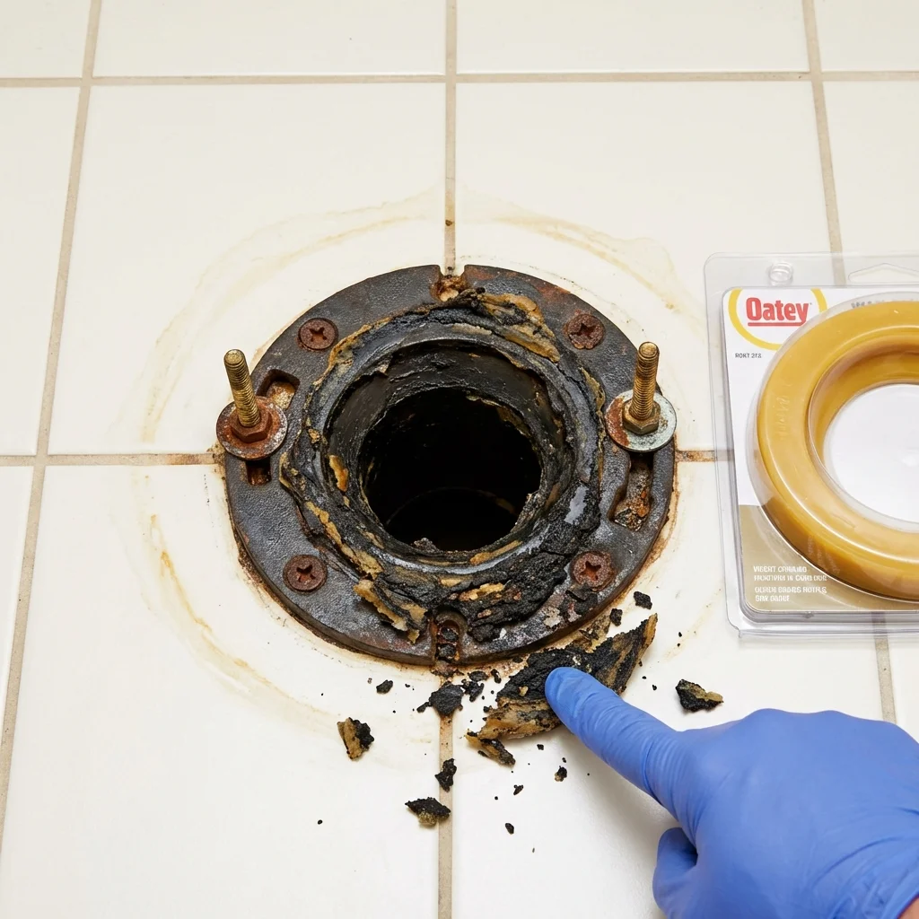 Failed wax ring showing water seepage at the base of a toilet in a Lapeer, MI home