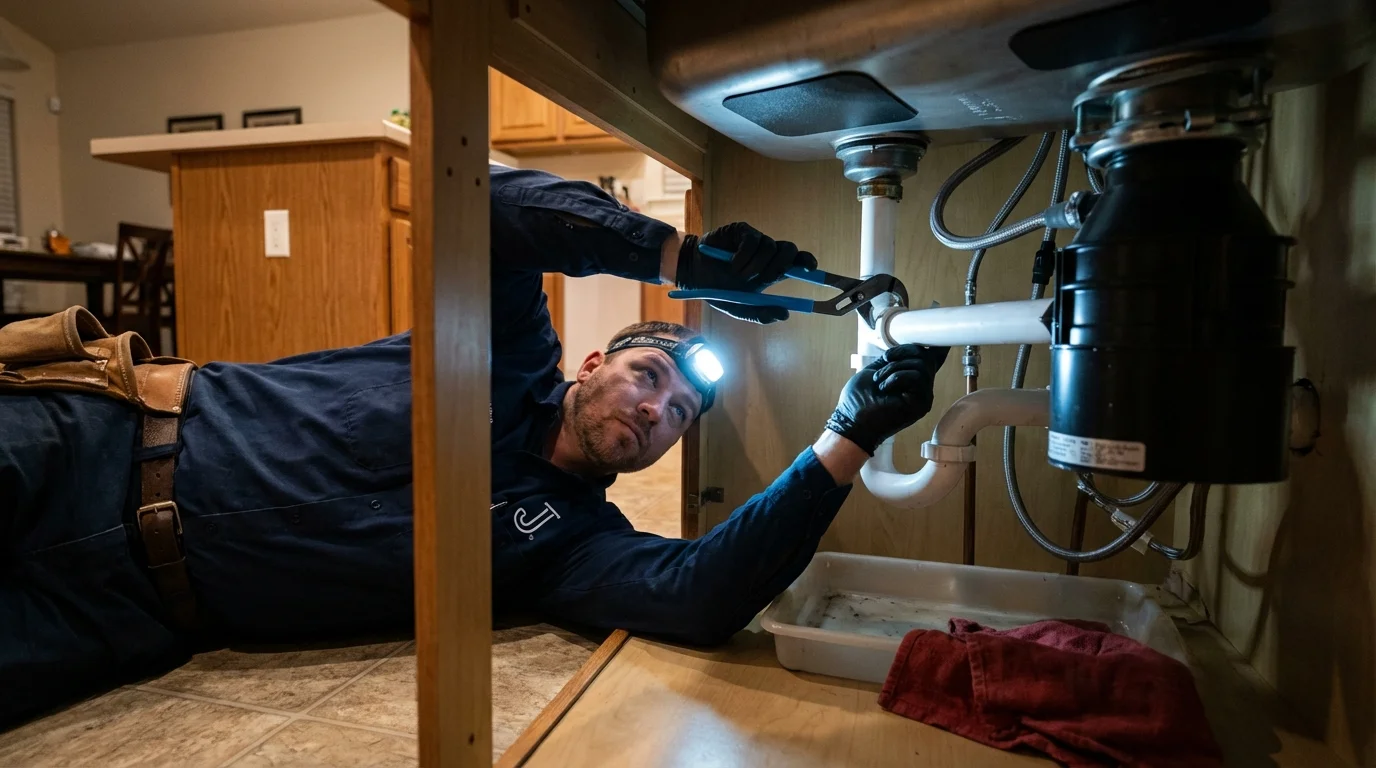 P-trap and supply line connections under a kitchen sink showing a common leak point in Lapeer, MI
